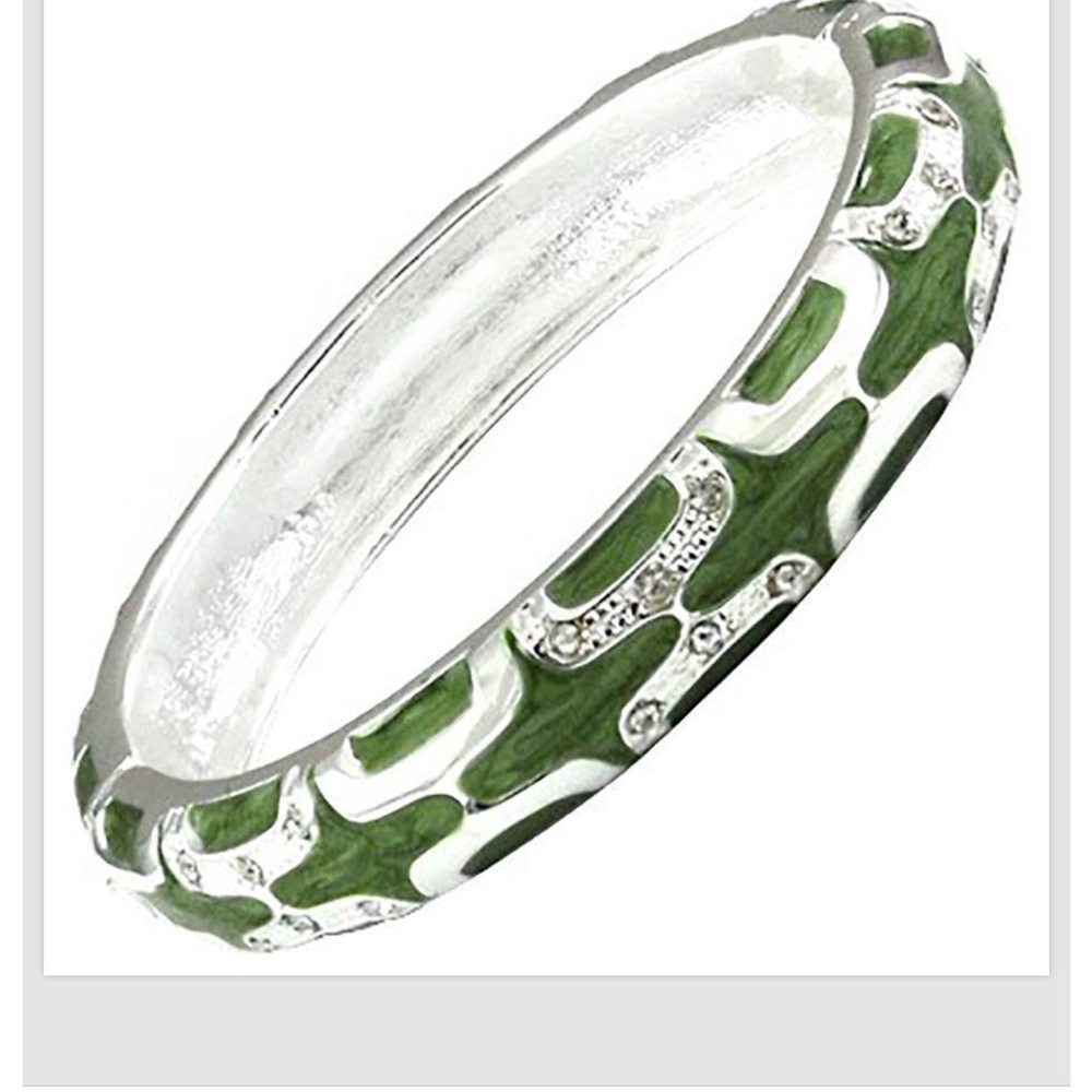 Green Silver Crystal Bangle Bracelet Enamel Hinged Alloy Women Fashion Jewelry